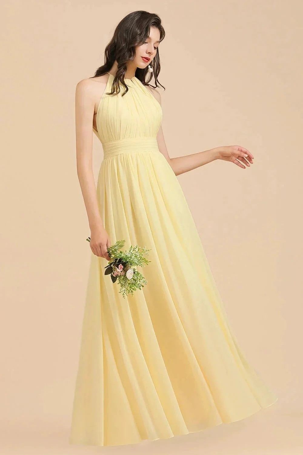 Halter Sleeveless Daffodil Chiffon Bridesmaid Dress with Ruffles - Image 2
