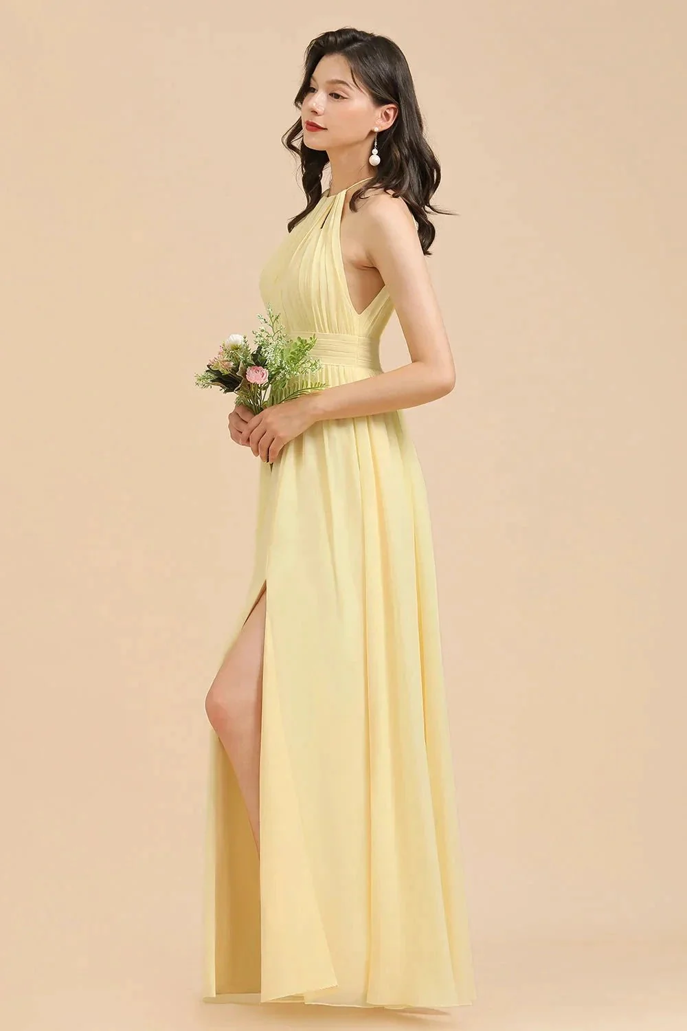 Halter Sleeveless Daffodil Chiffon Bridesmaid Dress with Ruffles - Image 3