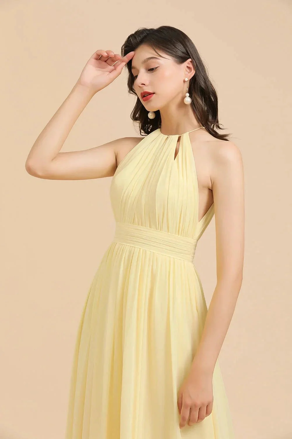 Halter Sleeveless Daffodil Chiffon Bridesmaid Dress with Ruffles - Image 4