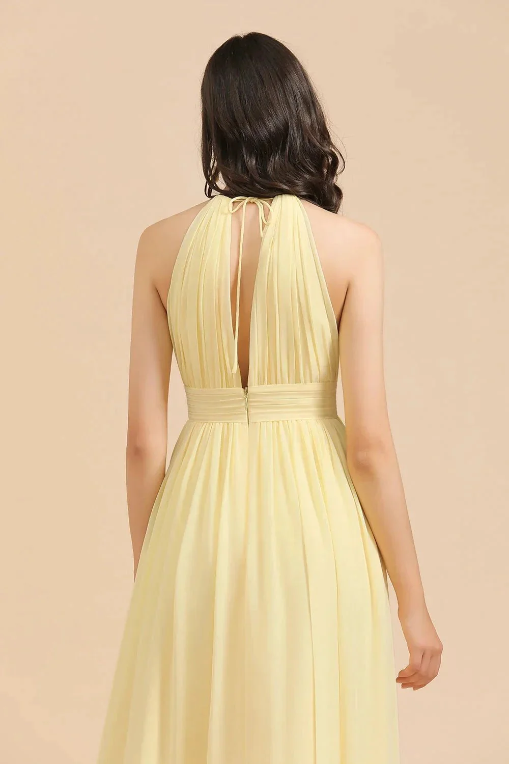 Halter Sleeveless Daffodil Chiffon Bridesmaid Dress with Ruffles - Image 5