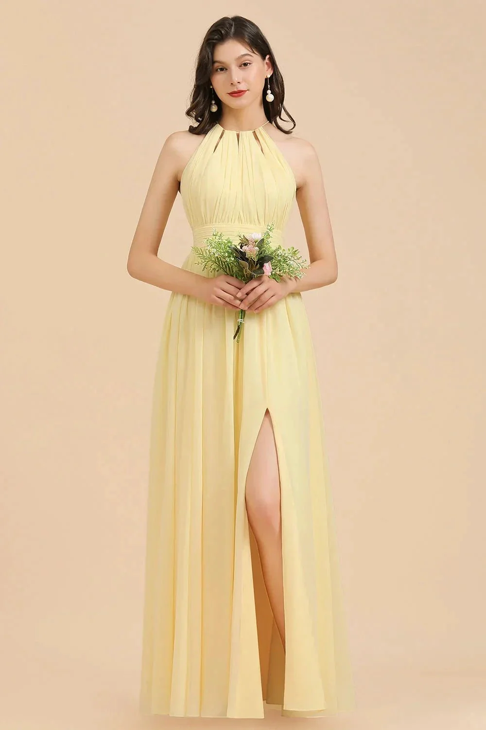 Halter Sleeveless Daffodil Chiffon Bridesmaid Dress with Ruffles - Image 8