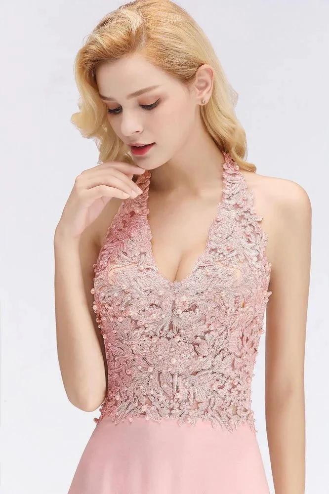 Halter Sleeveless Floral Appliques Evening Party Dress Aline Floor Length Bridesmaid Dress - Image 10