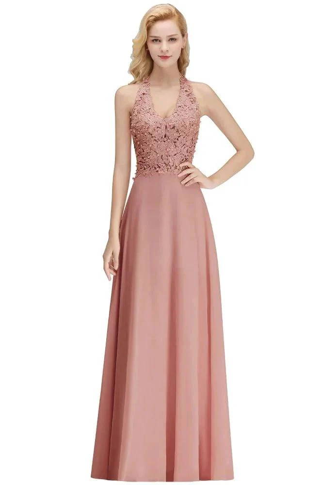 Halter Sleeveless Floral Appliques Evening Party Dress Aline Floor Length Bridesmaid Dress - Image 2