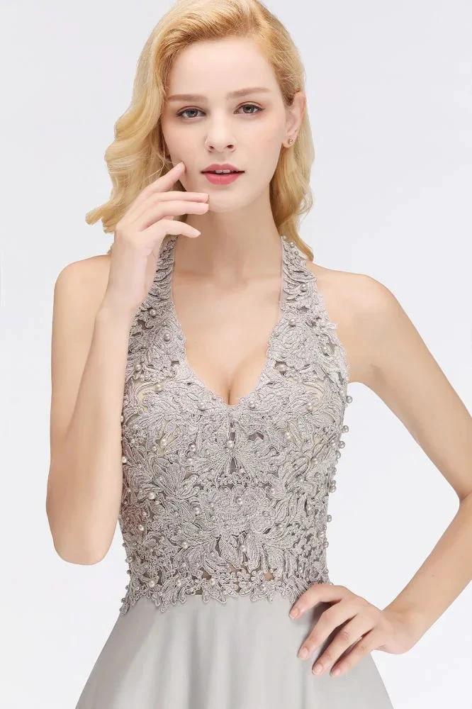 Halter Sleeveless Floral Appliques Evening Party Dress Aline Floor Length Bridesmaid Dress - Image 6