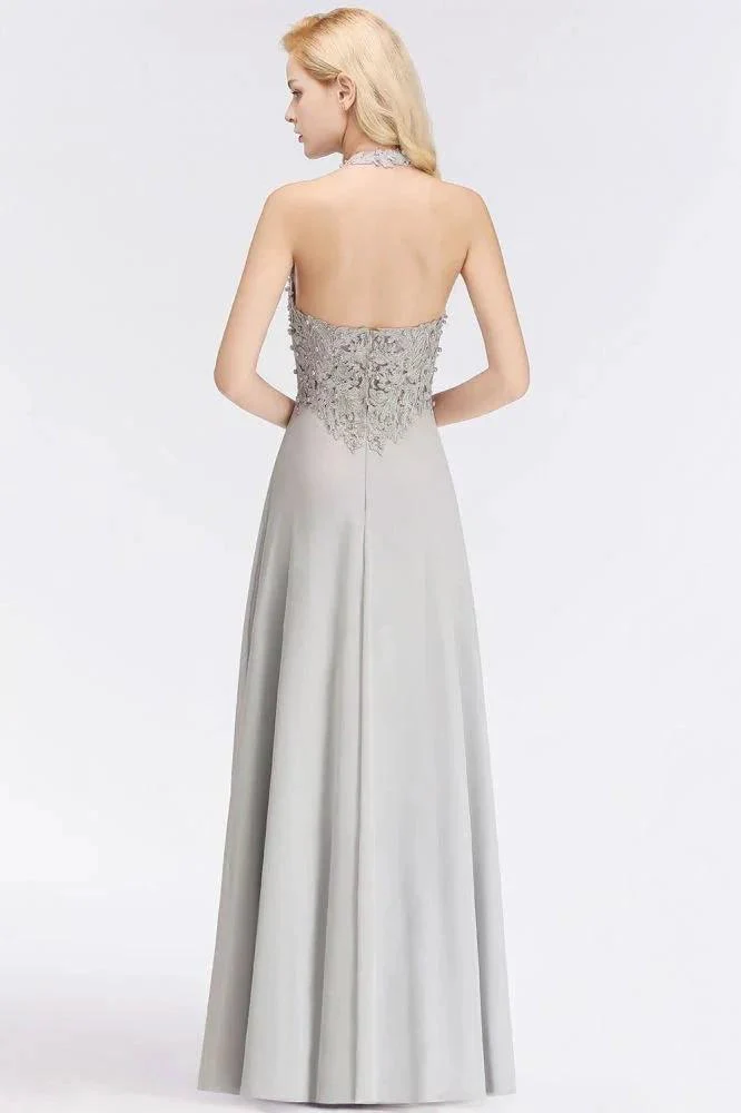Halter Sleeveless Floral Appliques Evening Party Dress Aline Floor Length Bridesmaid Dress - Image 7