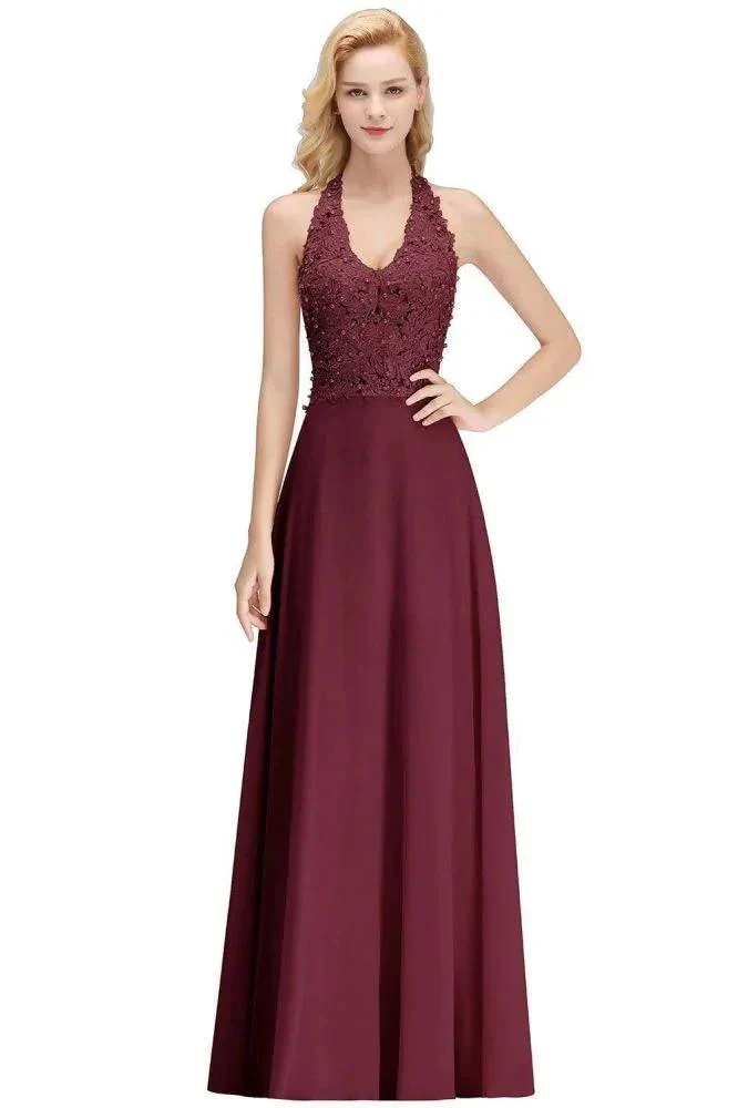 Halter Sleeveless Floral Appliques Evening Party Dress Aline Floor Length Bridesmaid Dress - Image 9