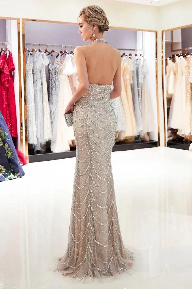 Halter Sleeveless Long Sequined Pattern Mermaid Evening Dress - Image 2