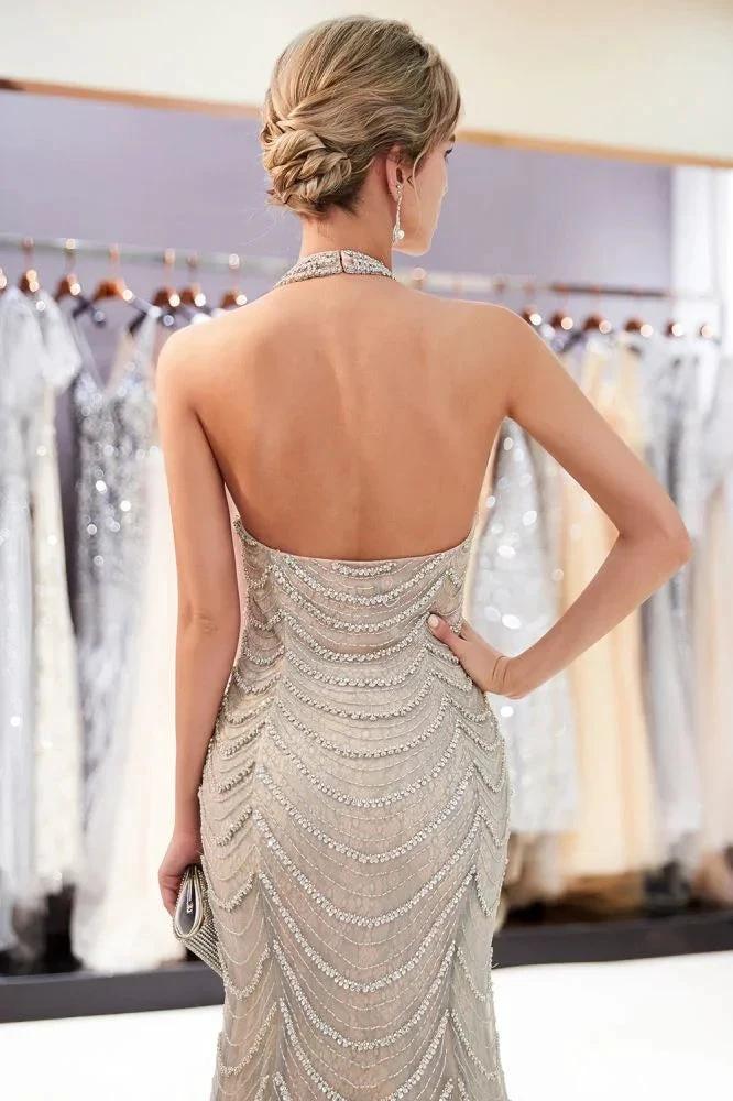 Halter Sleeveless Long Sequined Pattern Mermaid Evening Dress - Image 7