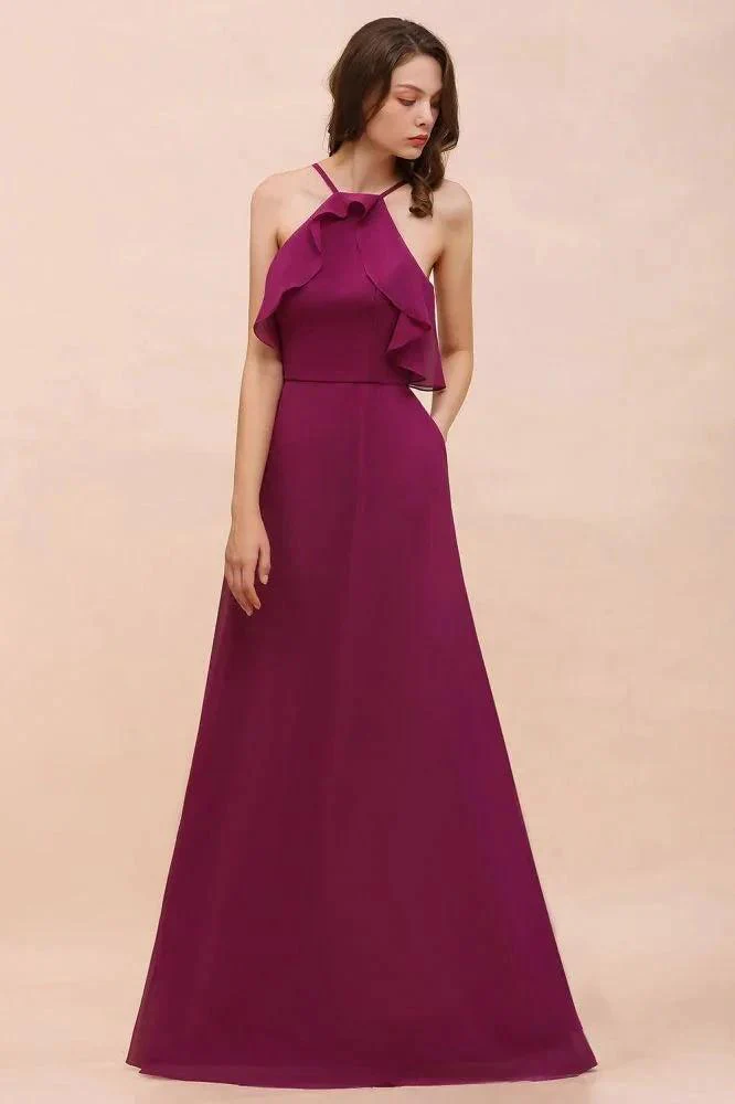 Halter Sleeveless Purple Bridesmaid Dress with Side Pockets - Image 3