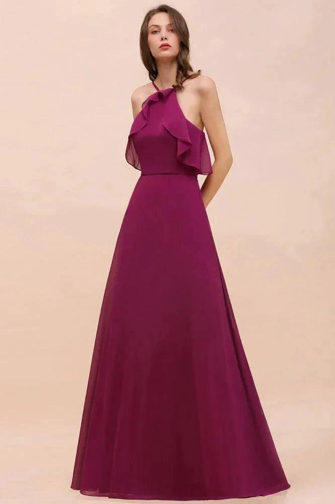 Halter Sleeveless Purple Bridesmaid Dress with Side Pockets - Image 4