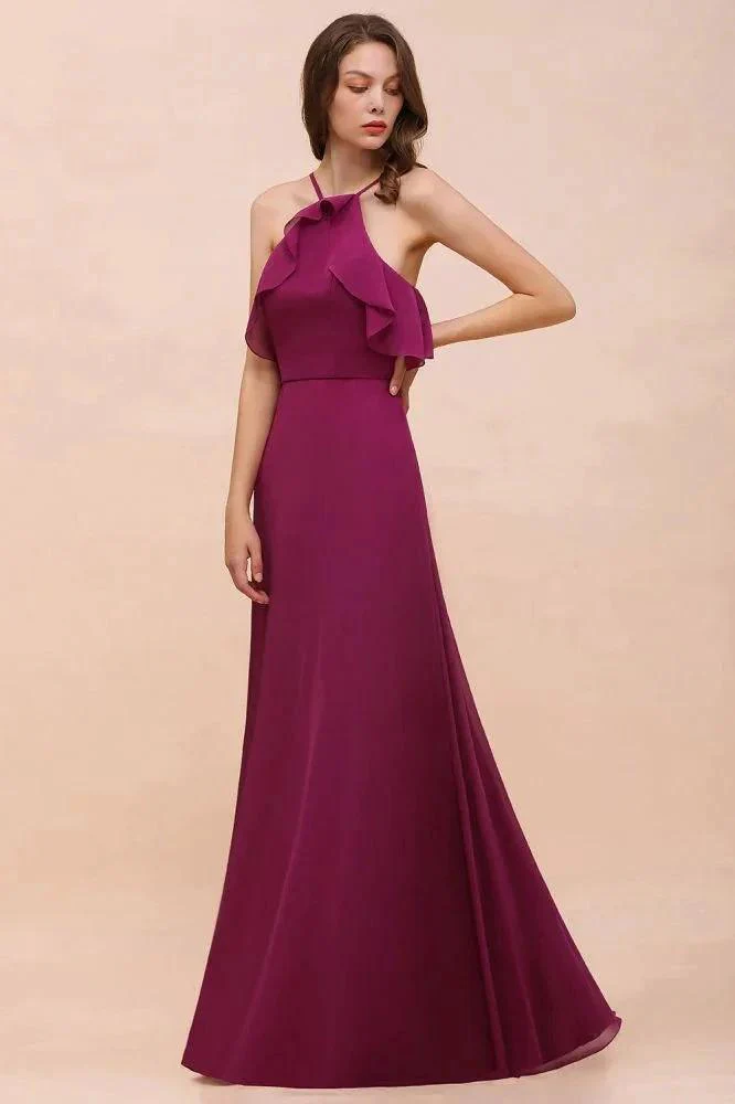 Halter Sleeveless Purple Bridesmaid Dress with Side Pockets - Image 5