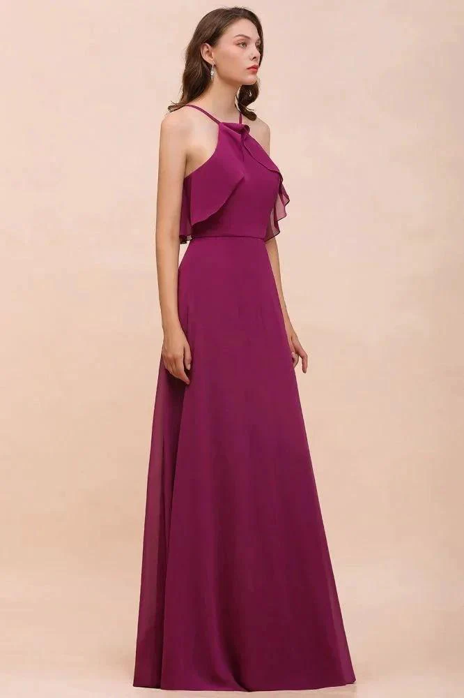 Halter Sleeveless Purple Bridesmaid Dress with Side Pockets - Image 6