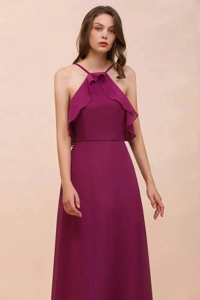 Halter Sleeveless Purple Bridesmaid Dress with Side Pockets - Image 7
