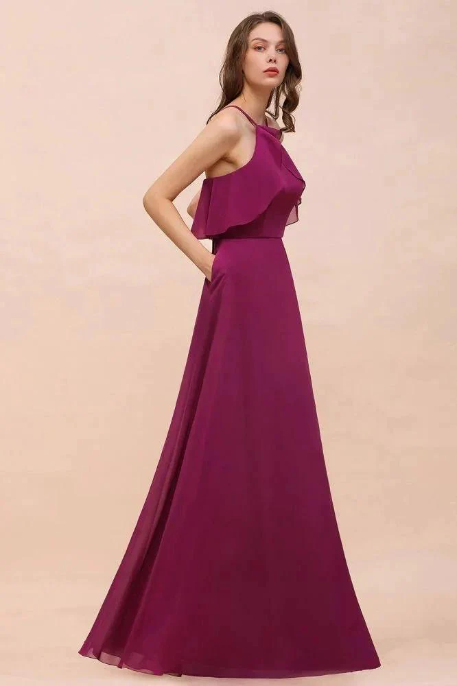Halter Sleeveless Purple Bridesmaid Dress with Side Pockets - Image 8