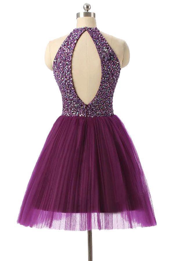 Halter Sleeveless Short Purple Homecoming Dresses Prom Dresses PG014 - Image 2