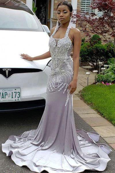 Halter Sparkle Crystal Silver Prom Dresses Fit and Flare Alluring Backless Evening Gowns Y157 - Image 2