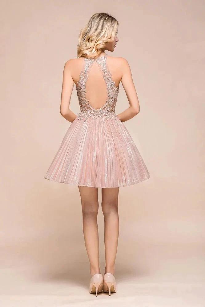 Halter Sparkly Short Homecoming Dress Floral Lace Aline Prom Dress Knee Length - Image 2