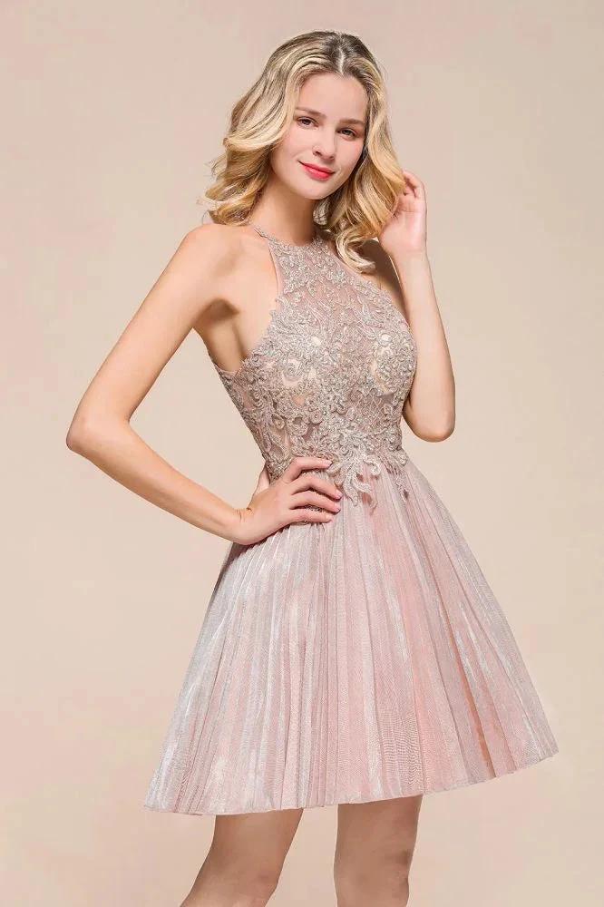 Halter Sparkly Short Homecoming Dress Floral Lace Aline Prom Dress Knee Length - Image 3