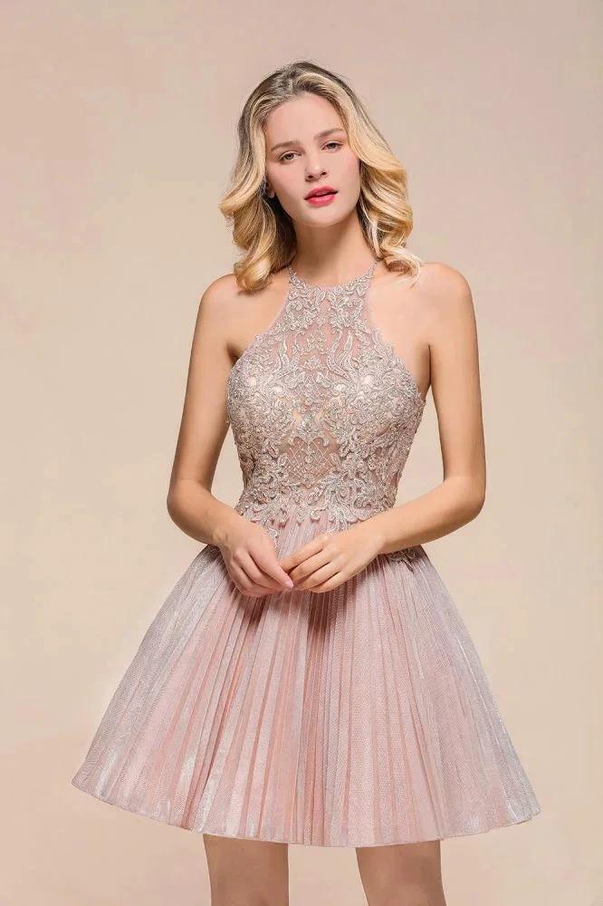 Halter Sparkly Short Homecoming Dress Floral Lace Aline Prom Dress Knee Length - Image 4