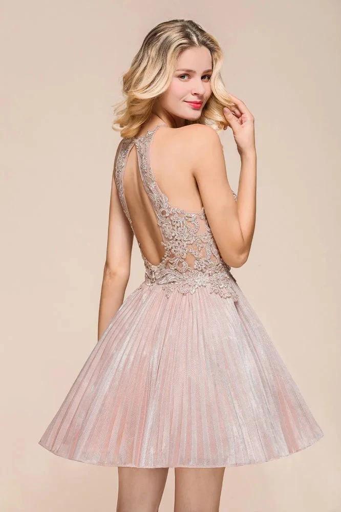 Halter Sparkly Short Homecoming Dress Floral Lace Aline Prom Dress Knee Length - Image 7
