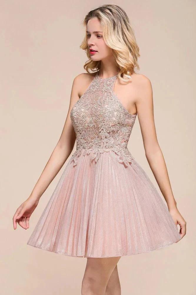 Halter Sparkly Short Homecoming Dress Floral Lace Aline Prom Dress Knee Length - Image 8