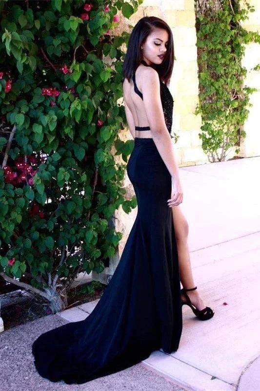 Halter Split Front Open Back Sleeveless Mermaid Long Prom Dress - Image 2