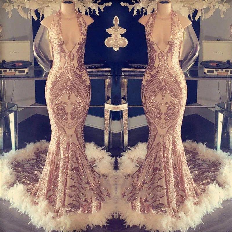 Halter V-neck Sequined Appliques Prom Dress with Feather - Image 2