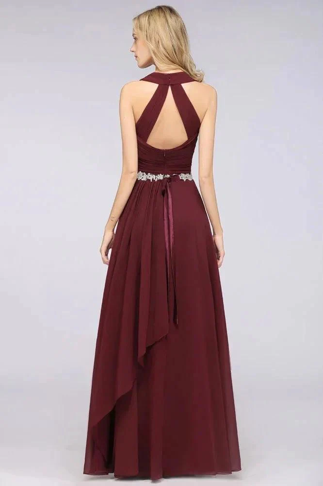 Halter V-Neck Sleeveless Ruffle Bridesmaid Dress with Appliques Sashes Evening Swing Dress - Image 2
