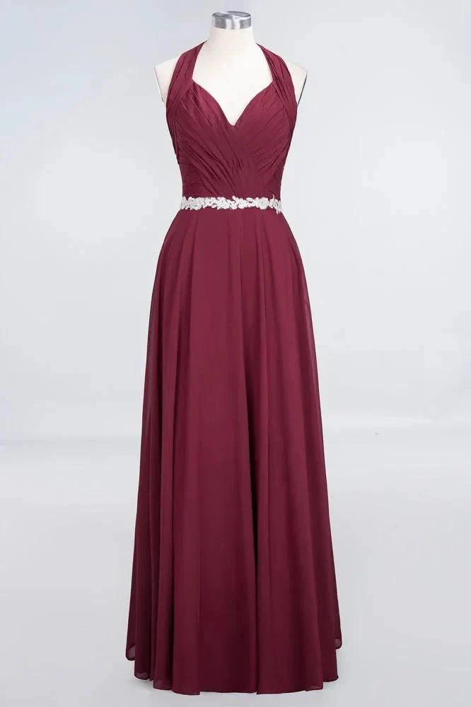 Halter V-Neck Sleeveless Ruffle Bridesmaid Dress with Appliques Sashes Evening Swing Dress - Image 9