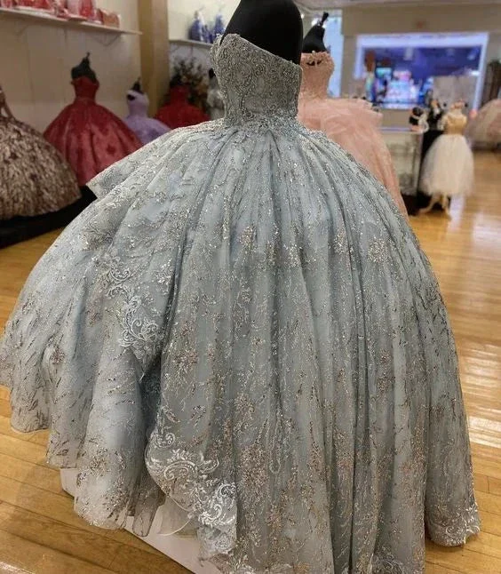 Handmade Smoke Blue Flowers Quinceanera Dress Sleeveless Appliques Ball Gown Sweet 16 Dress Y6294 - Image 3