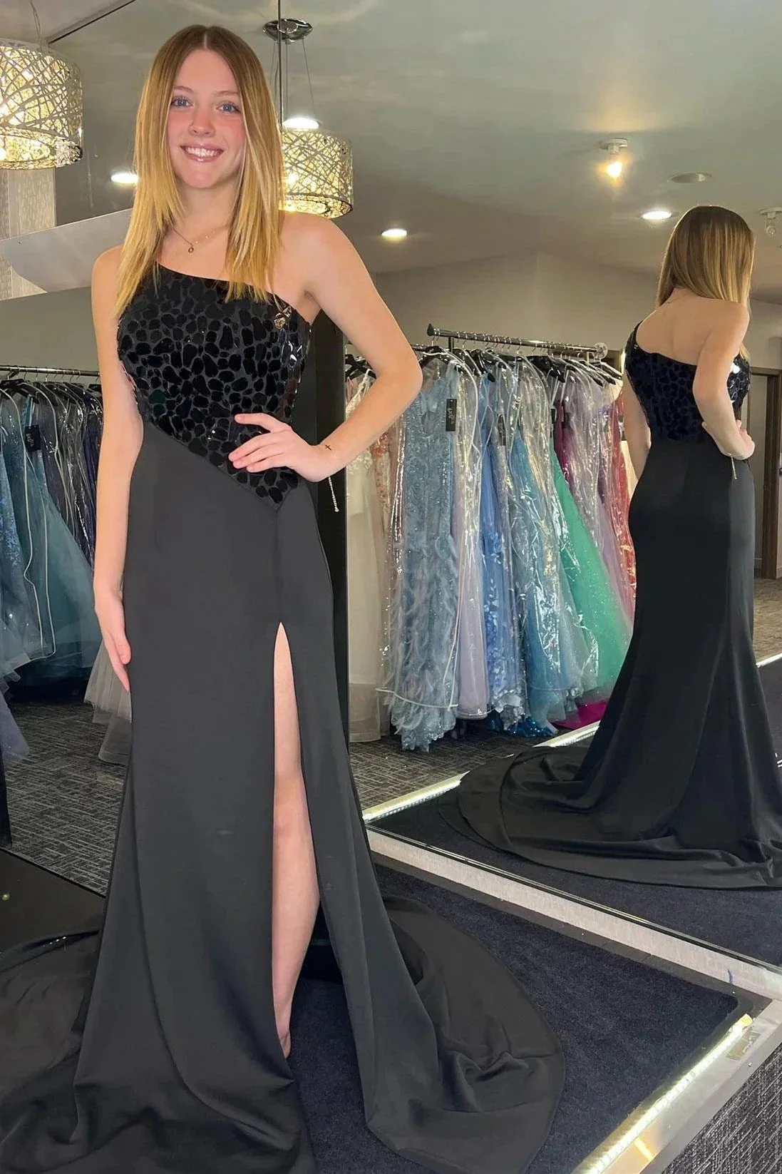 Harlow | Light Blue Cut Glass Mirror One-Shoulder Trumpet Long Formal Dress with Slit - Image 2