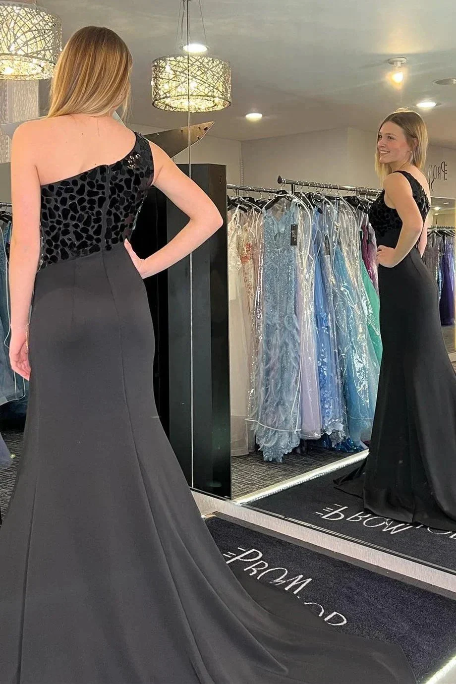 Harlow | Light Blue Cut Glass Mirror One-Shoulder Trumpet Long Formal Dress with Slit - Image 3