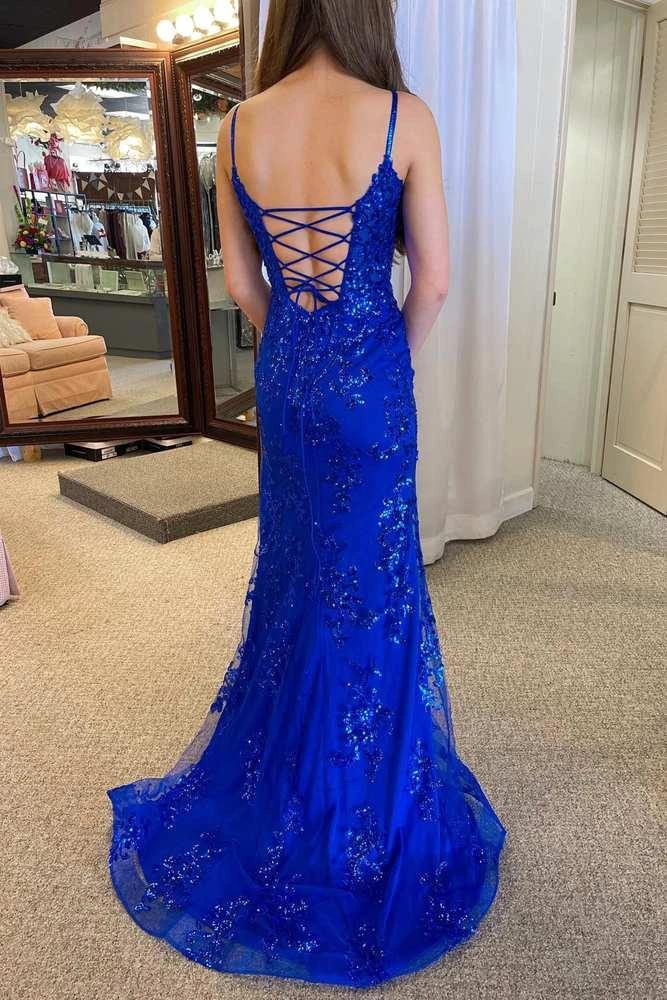Harmonia | Royal Blue Plunging Neck Sweep Train Lace Prom Dress - Image 2