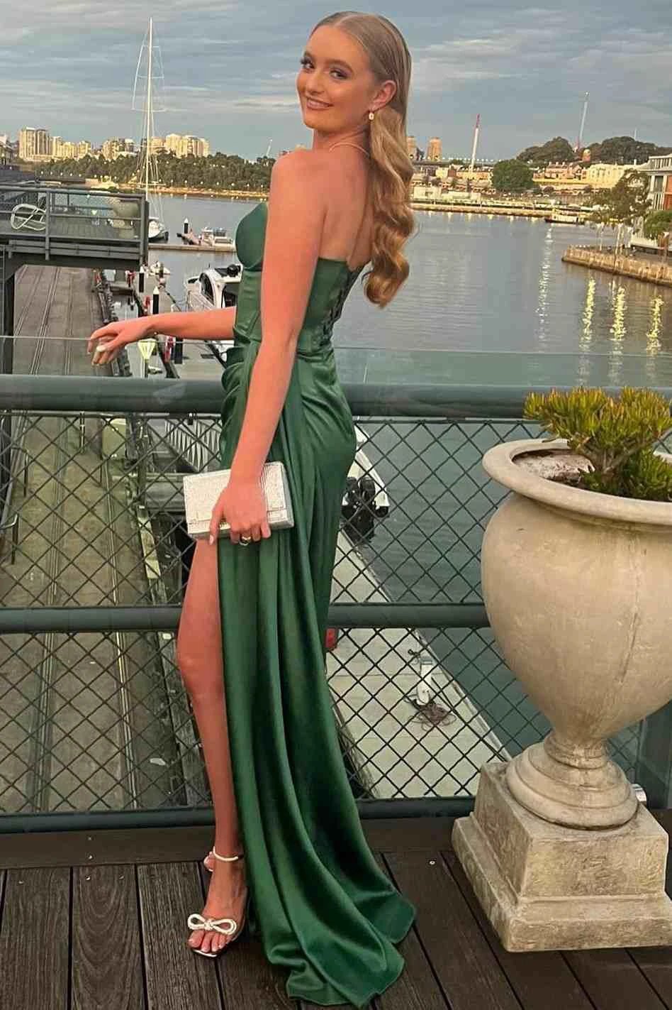 Harriet | Mermaid Strapless Sweetheart Pleated High Slit Satin Long Prom Dress - Image 2