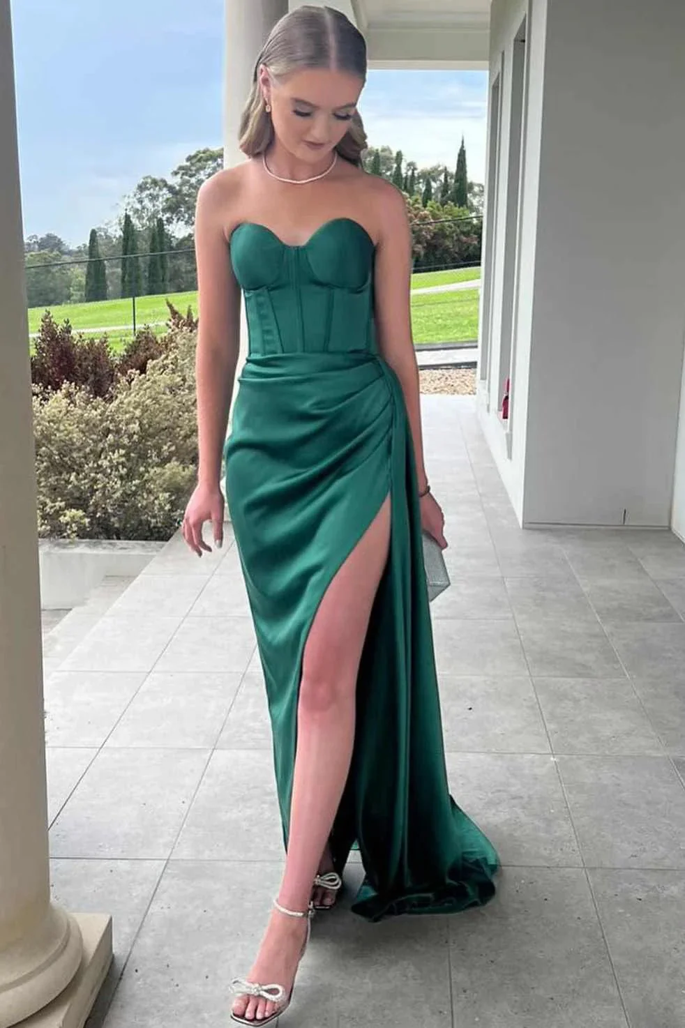 Harriet | Mermaid Strapless Sweetheart Pleated High Slit Satin Long Prom Dress - Image 3
