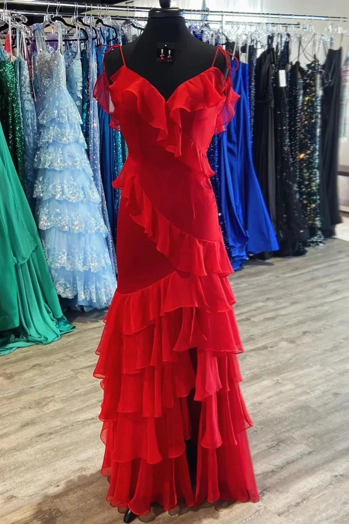 Hartlyn | Tie Shoulder Red Mermaid Ruffle Tiered Long Prom Dress with Slit - Image 2