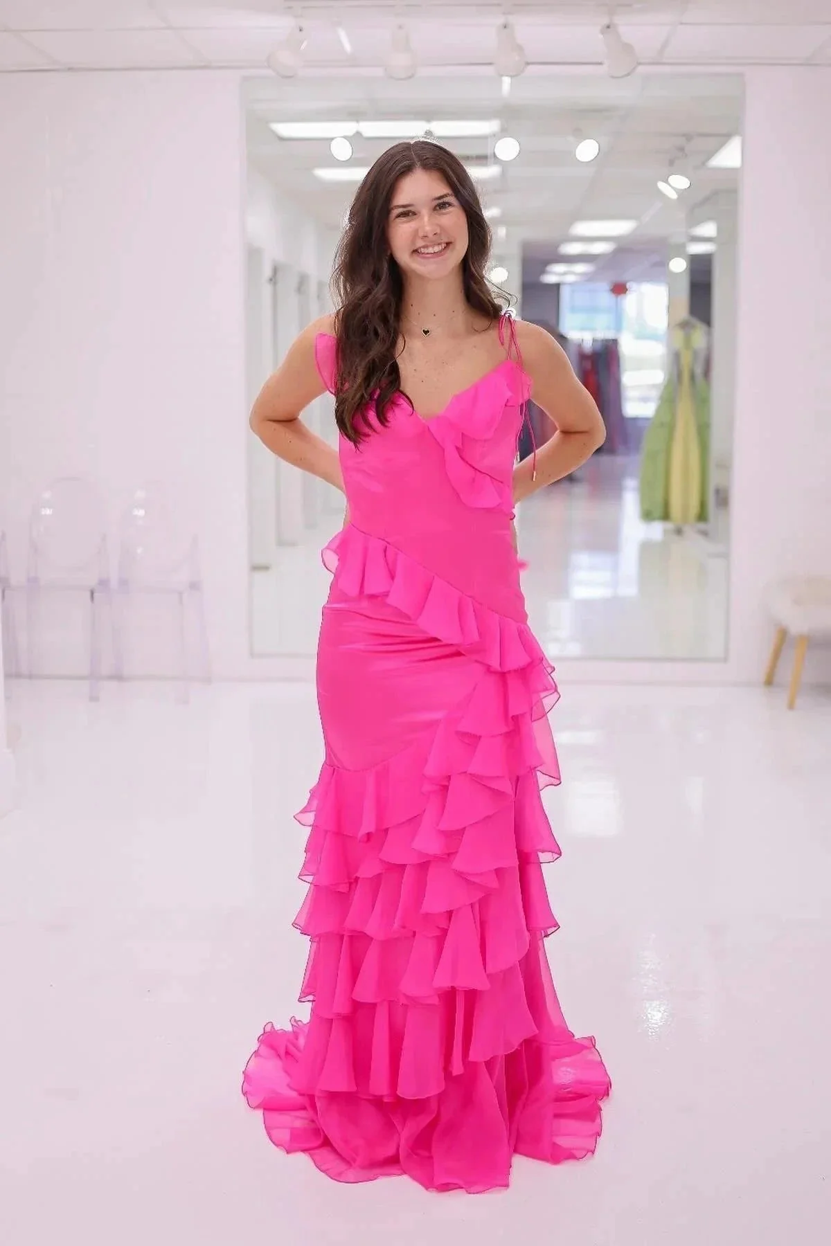 Hartlyn | Tie Shoulder Red Mermaid Ruffle Tiered Long Prom Dress with Slit - Image 3