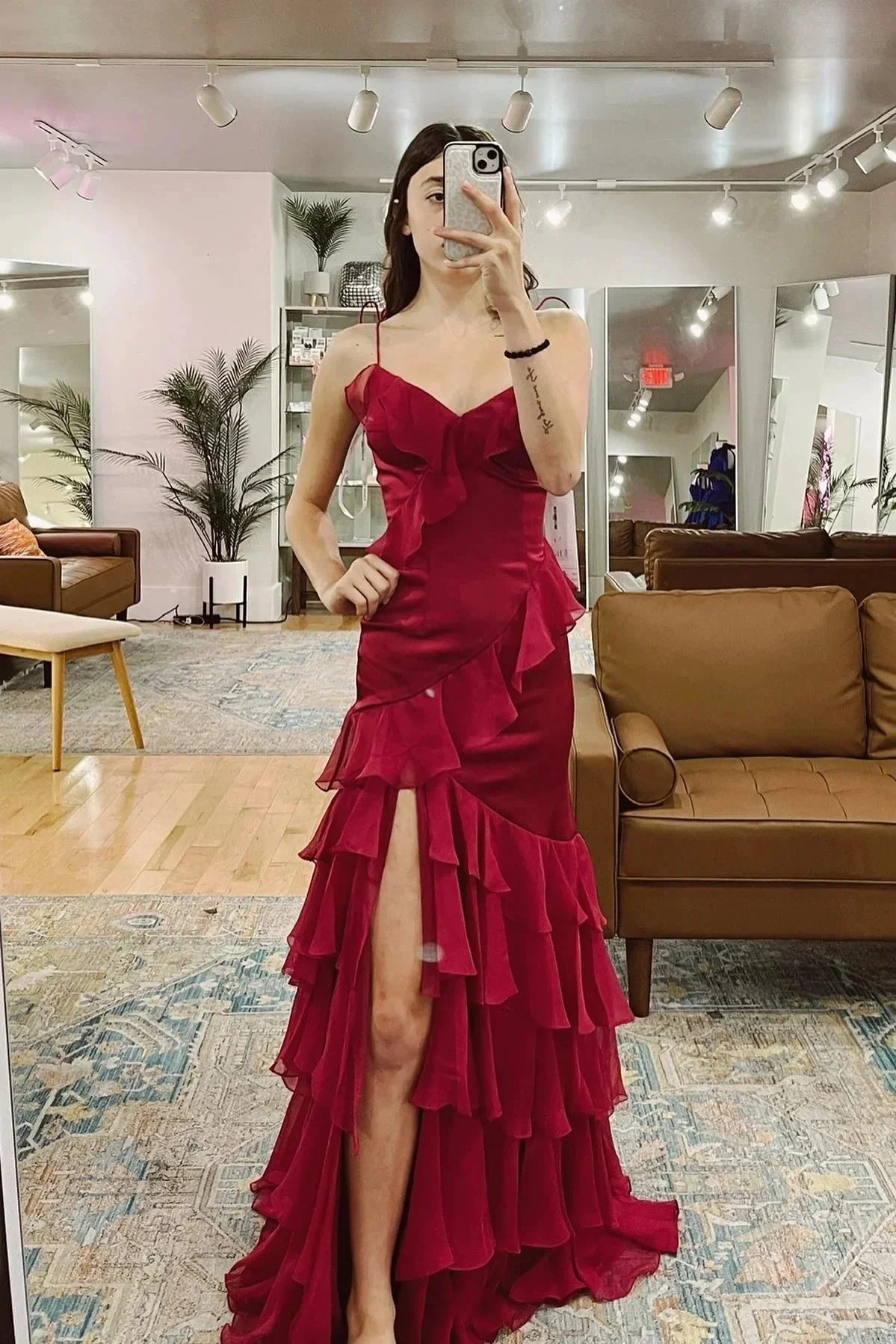 Hartlyn | Tie Shoulder Red Mermaid Ruffle Tiered Long Prom Dress with Slit - Image 5