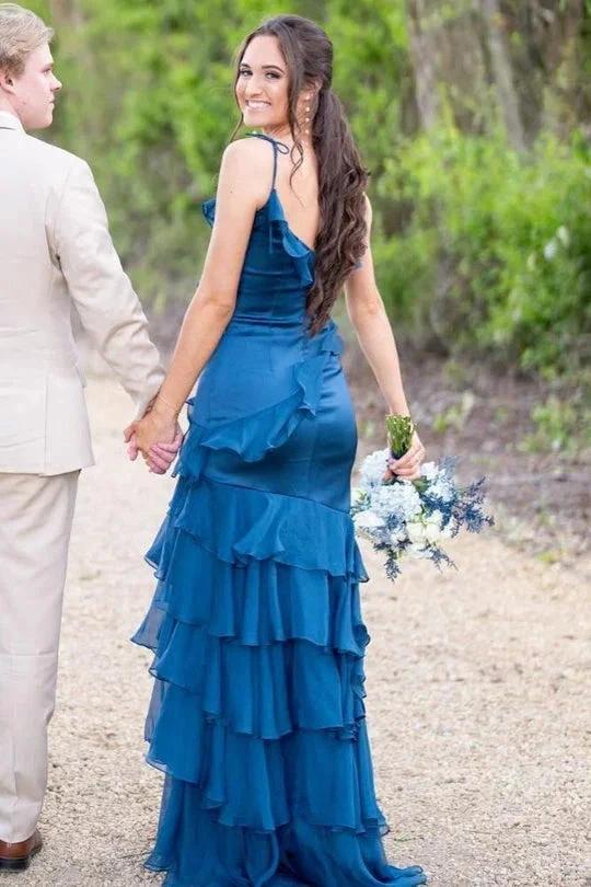 Hartlyn | Tie Shoulder Red Mermaid Ruffle Tiered Long Prom Dress with Slit - Image 7