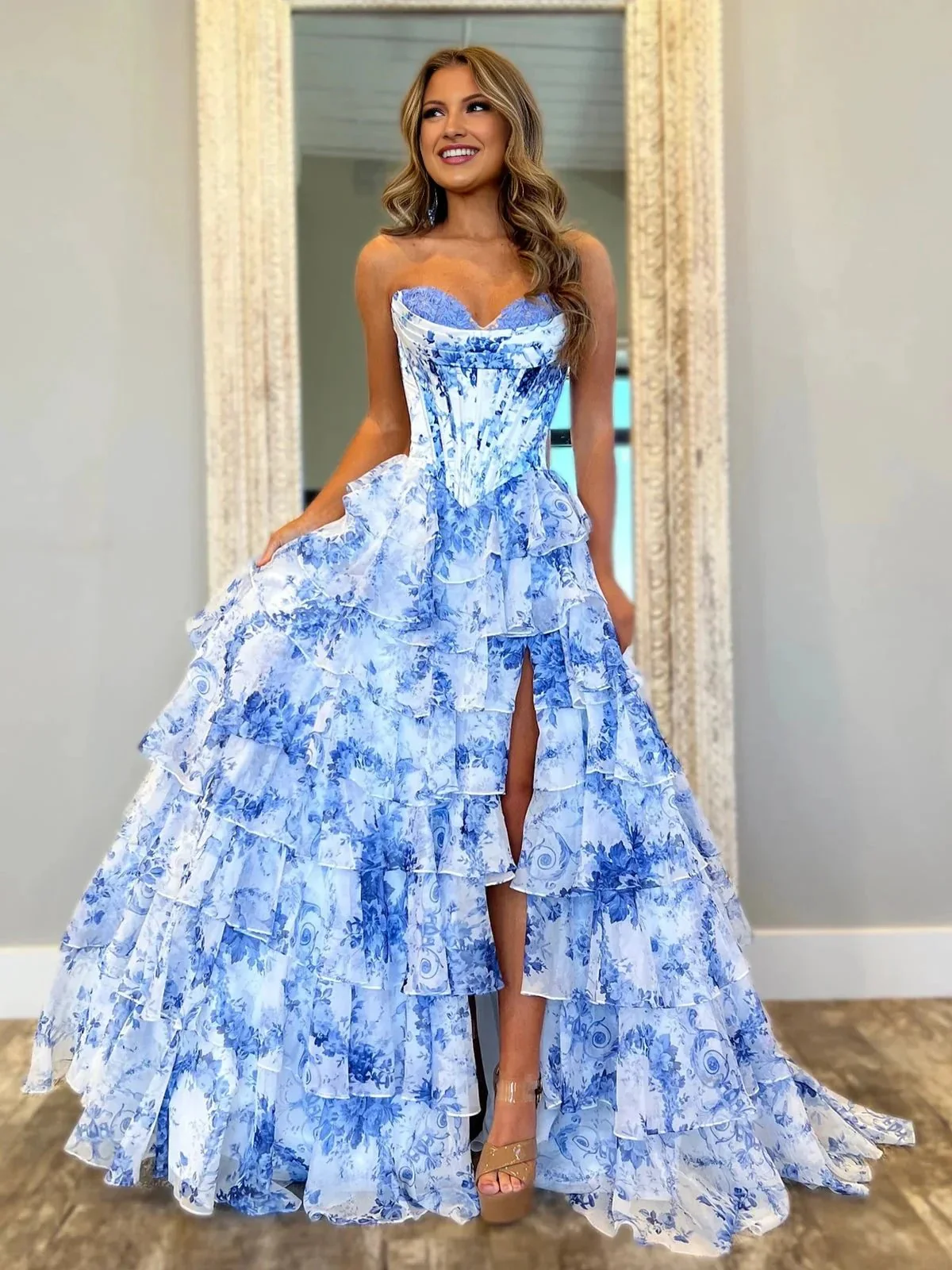 Haruko | A-Line Blush Strapless Chiffon Floral Ruffled Prom Dress With Slit - Image 3