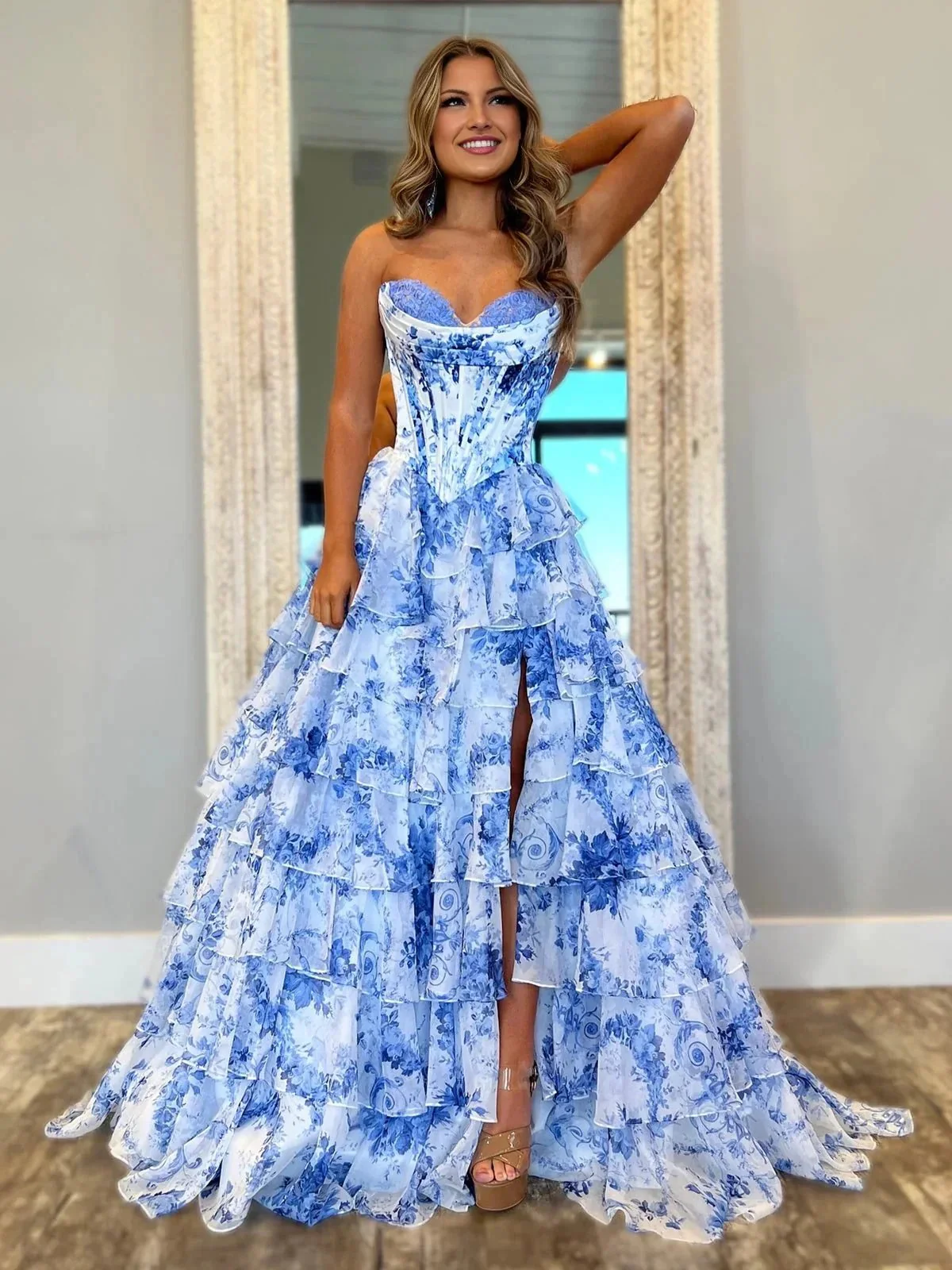 Haruko | A-Line Blush Strapless Chiffon Floral Ruffled Prom Dress With Slit - Image 4