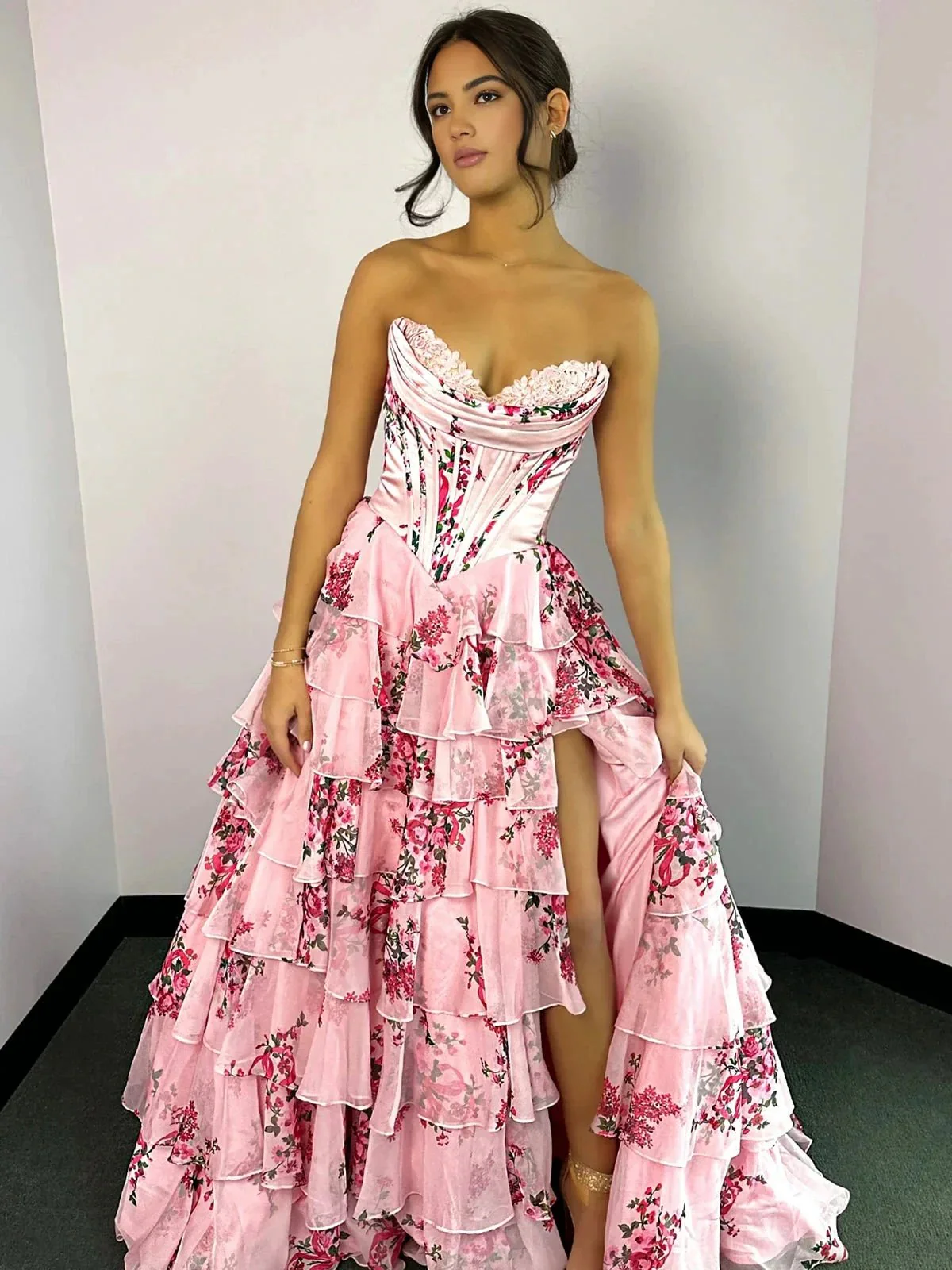 Haruko | A-Line Blush Strapless Chiffon Floral Ruffled Prom Dress With Slit - Image 5