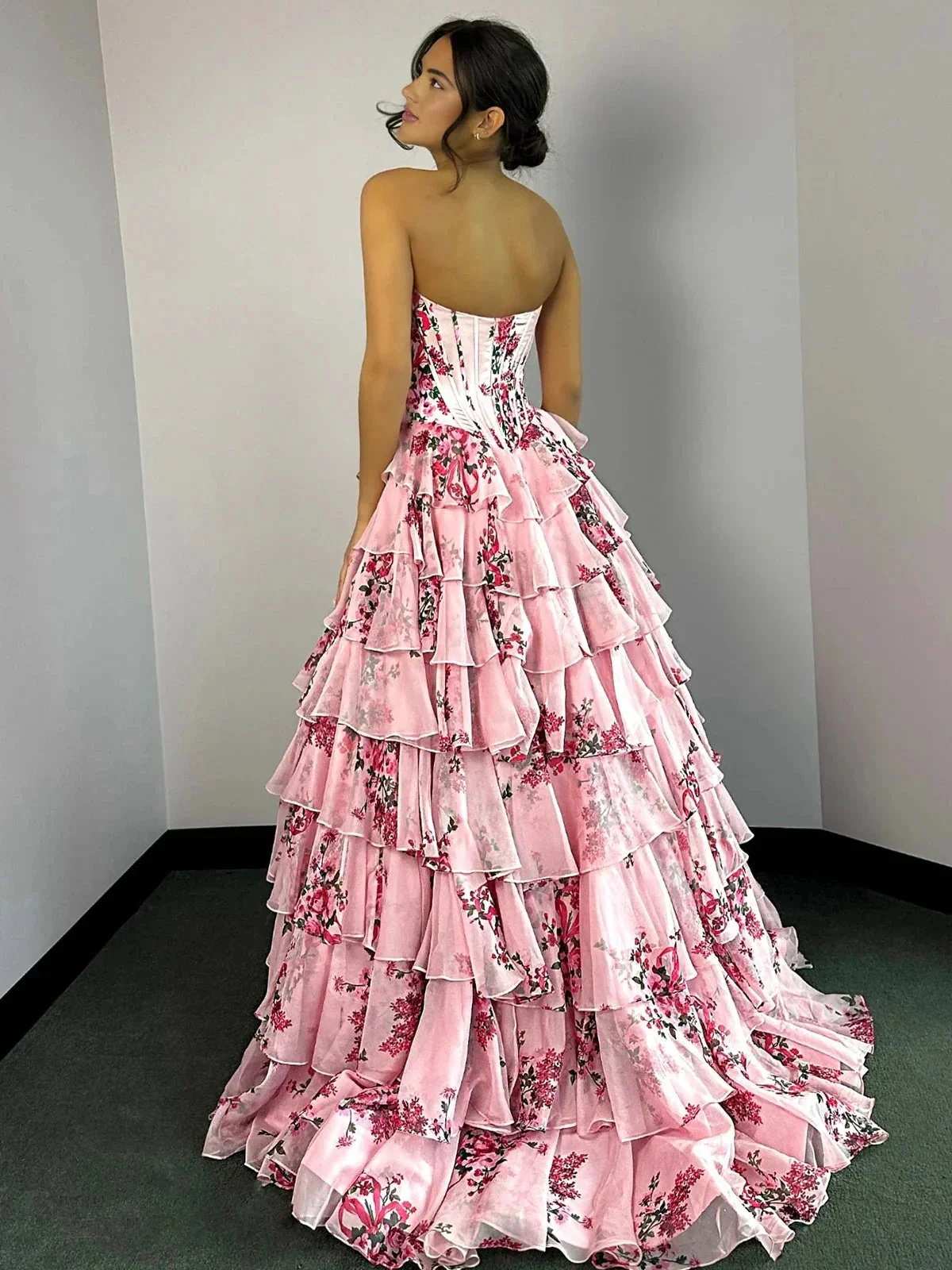 Haruko | A-Line Blush Strapless Chiffon Floral Ruffled Prom Dress With Slit - Image 6