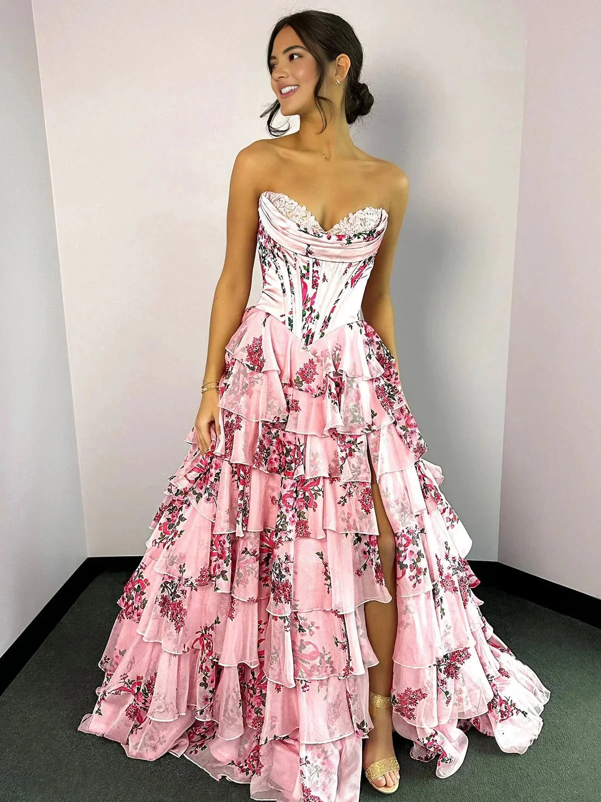 Haruko | A-Line Blush Strapless Chiffon Floral Ruffled Prom Dress With Slit - Image 7