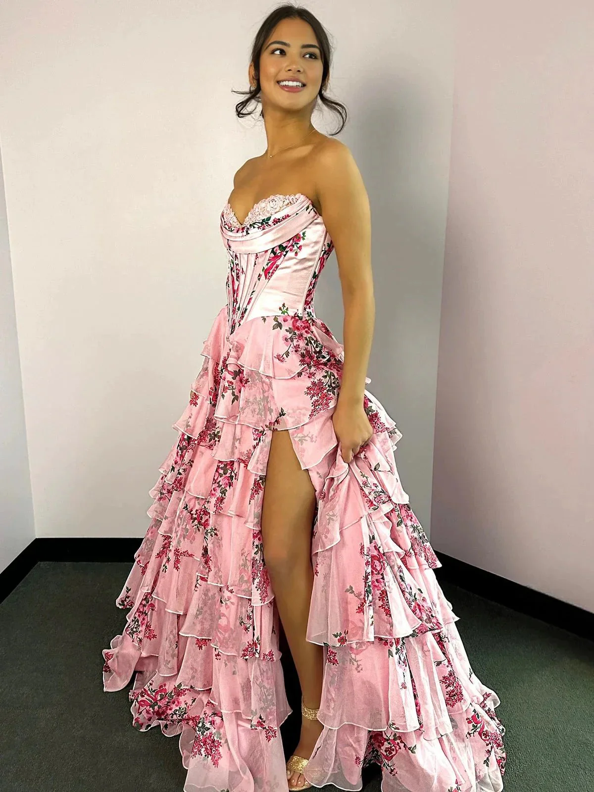 Haruko | A-Line Blush Strapless Chiffon Floral Ruffled Prom Dress With Slit - Image 8