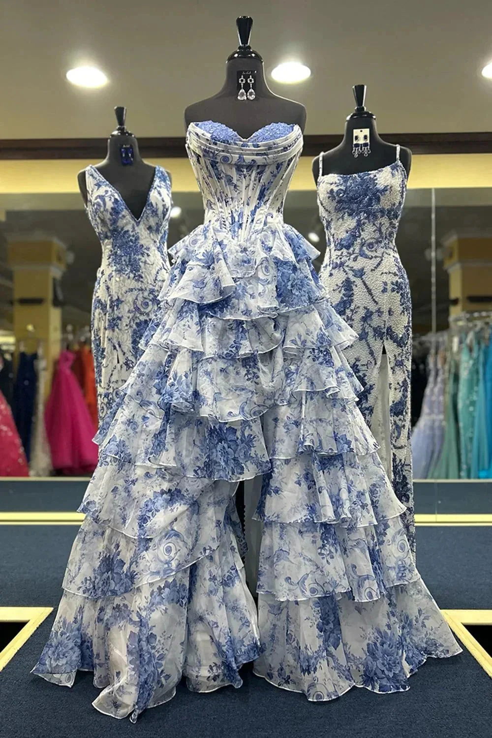 Haruko | A Line Floral Blush Tiered Chiffon Long Corset Prom Dress with Slit - Image 3