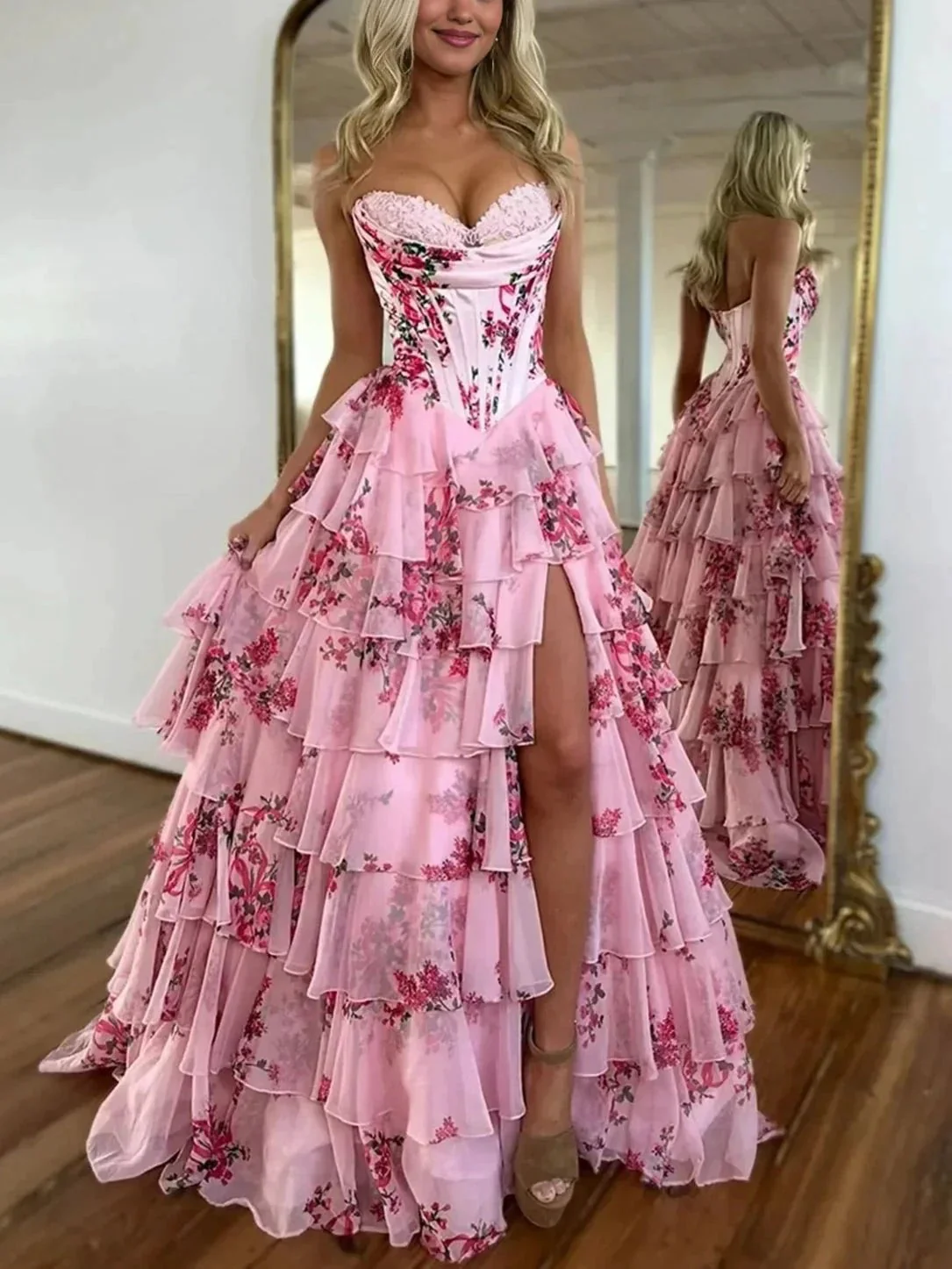 Haruko | A Line Floral Blush Tiered Chiffon Long Corset Prom Dress with Slit - Image 4