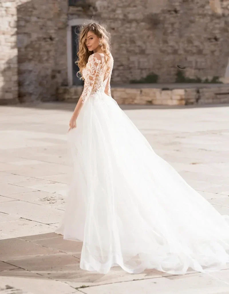 Haute Couture Luxury Elegant White Satin Long Sleeve Backless Sweep Train Deep V-Neck Mermaid Backless Embroidery Wedding Dress - Image 2