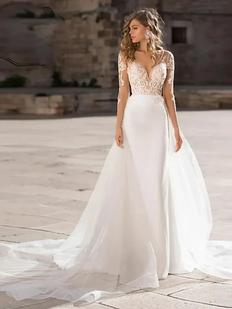 Haute Couture Luxury Elegant White Satin Long Sleeve Backless Sweep Train Deep V-Neck Mermaid Backless Embroidery Wedding Dress - Image 3