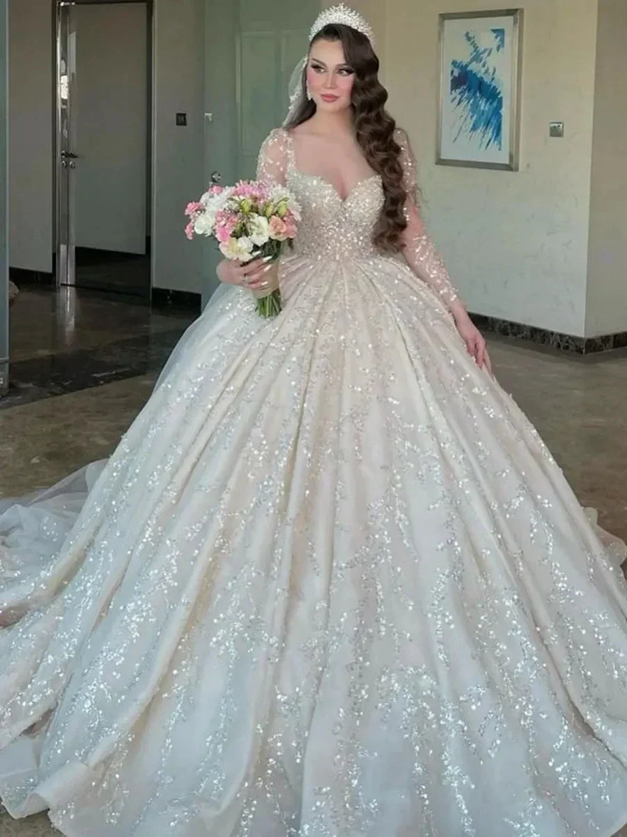 Haute Couture Romantic white The Bride Dress With Long Sleeve Lace Beading Sequin V-Neck Floor-Length Bespoke Wedding Dress - Image 2